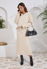 Pink Queen 2025 Women's 2 Piece Sweater Set V Neck Rib Knit Long Sleeve Maxi Bodycon Skirt Casual Outfits