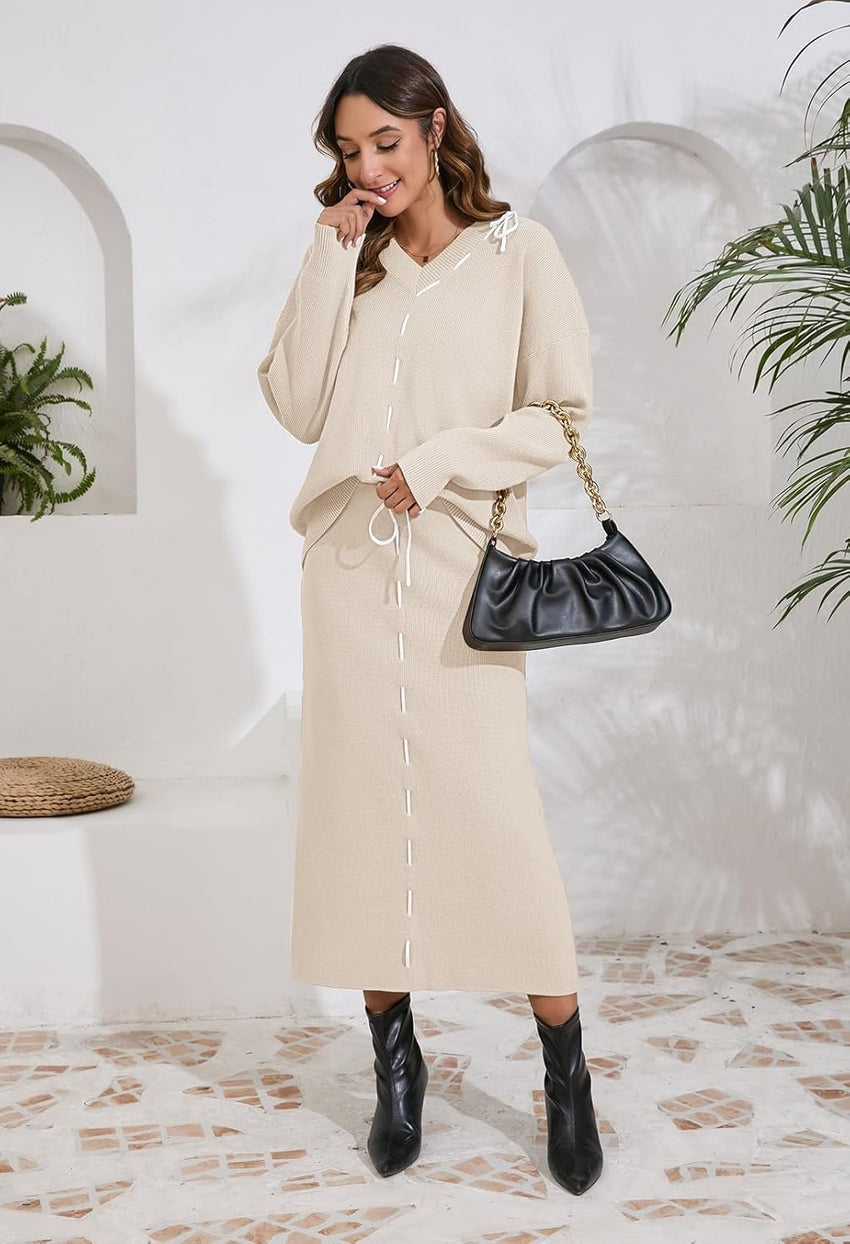 Pink Queen 2025 Women's 2 Piece Sweater Set V Neck Rib Knit Long Sleeve Maxi Bodycon Skirt Casual Outfits