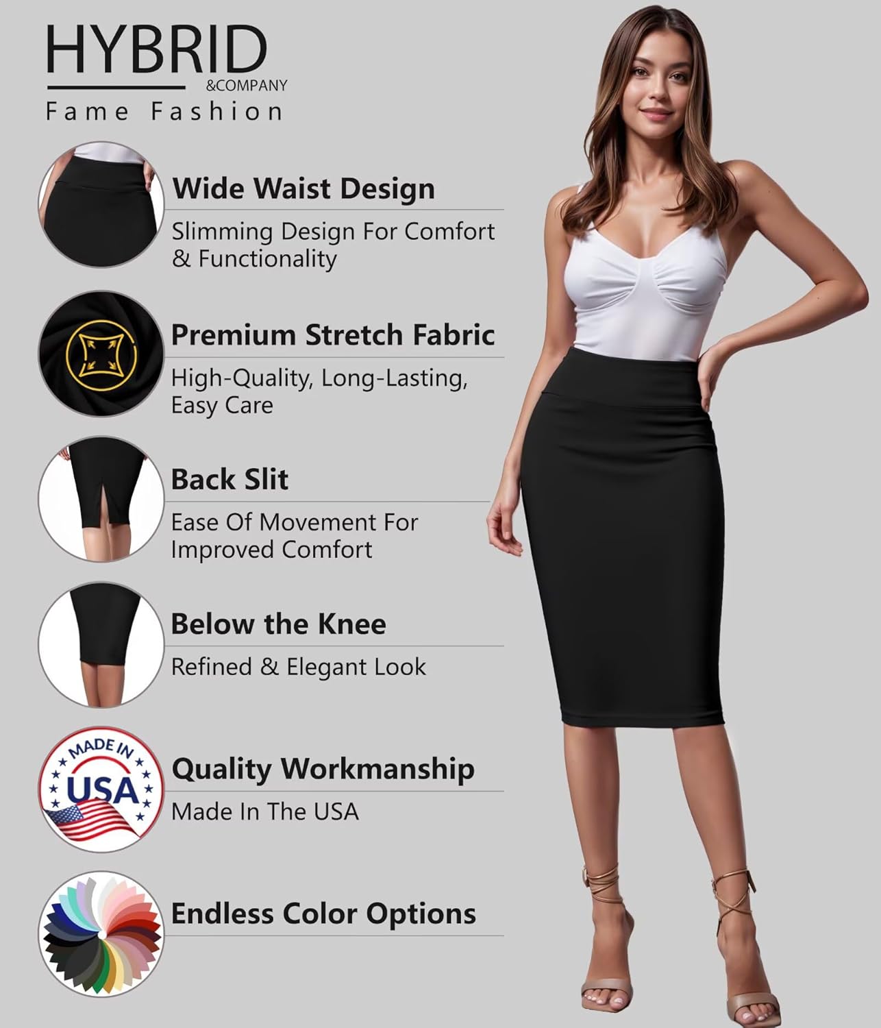 Hybrid & Company Women's Techno/Scuba Stretchy Office Pencil Skirt Made in USA