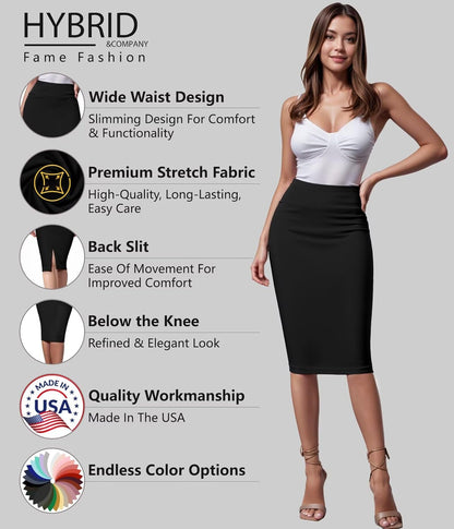 Hybrid & Company Women's Techno/Scuba Stretchy Office Pencil Skirt Made in USA