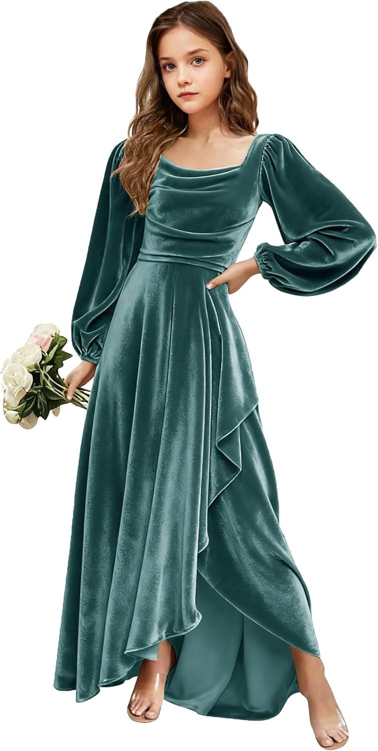 Velvet Junior Bridesmaid Dresses Long Sleeve Girls Christmas Dress Flower Girl Dresses Wedding Guest Maxi Party Gown