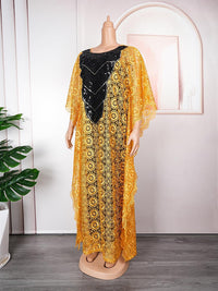 HD Womens African Lace Kaftan Dress Embroidery V Neck Evening Party Gown One Size with Matching Headwrap