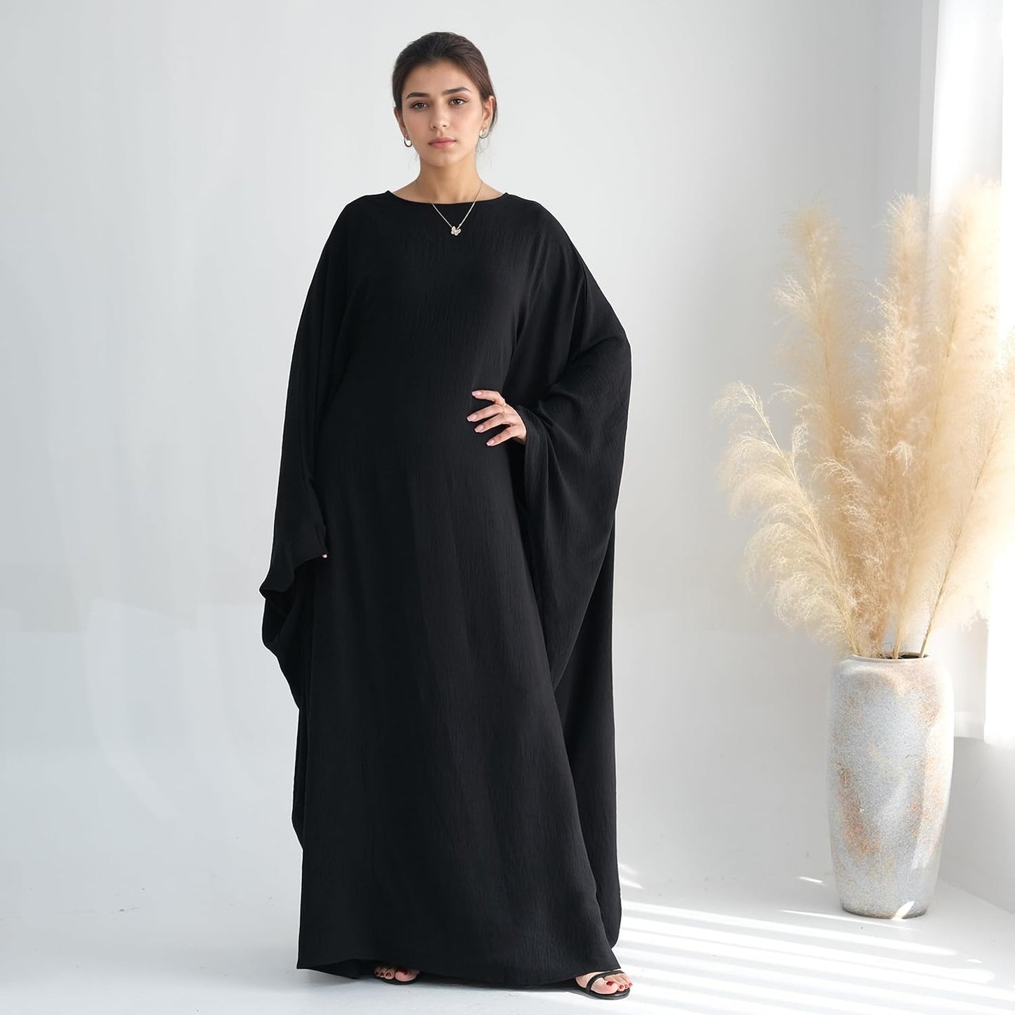 Abaya Dress for Women Soft Crepe Like Linen Khimar Butterfly Batwing Dubai Islam Muslim Kaftan Modest Prayer Dress