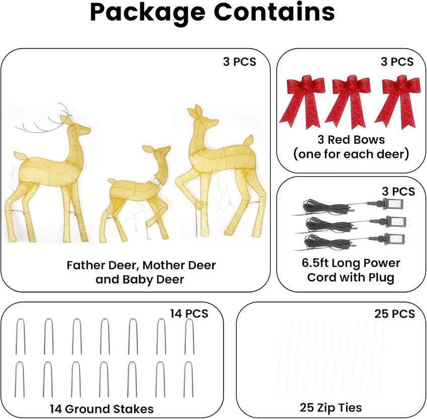 2D Lighted Reindeer Christmas Decorations Outdoor - Large 4FT Gold Deer Family Set with 115 LED Lights - Plug-in Waterproof Yard Decor with Separate Cords - Energy Saving Holiday Display 3 Pack