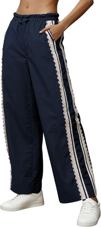 Women Baggy Track Pants Lace Side Stripe Drawstring Elastic Waist Wide Leg Parachute Pants with Pockets