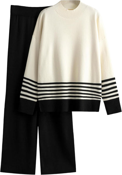 Women's 2 Piece Outfits Sweatsuit Knit Striped Pullover Top Wide Leg Pants Tracksuit Lounge Sets