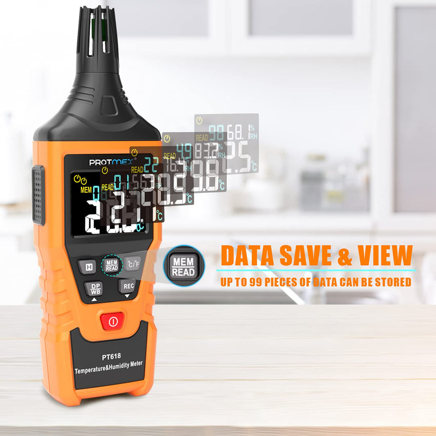 PT6508 Temperature Humidity Meter, Digital Thermometer Hygrometer Monitor with Ambient, Dew Point, Wet Bulb for Indoor/Outdoor MIN, MAX, Data Hold, LCD Backlight