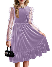 Arshiner Girls Dresses Contrast Mesh Velvet Long Sleeve A-Line Vintage Party Dress with Pockets