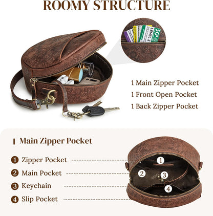 S-ZONE Leather Crossbody Bags for Women Circle Shoulder Round Purse Travel | Top Grain Leather, Keychain, Designer Handbag, Vintage, Multi Pockets, Detachable Strap, Eveyday Outing