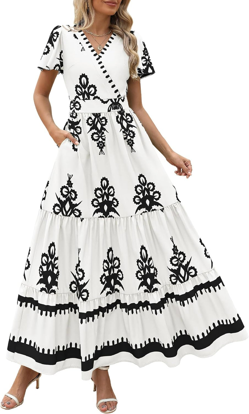 PRETTYGARDEN Womens 2025 Summer Casual V Neck Boho Maxi Dress Flowy Aline Bell Sleeve Tiered Floral Dresses with Pocket