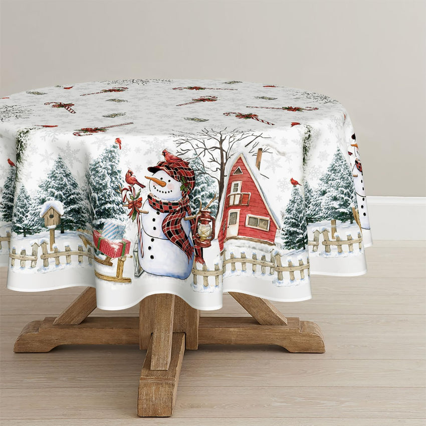 Horaldaily Christmas Tablecloth 60×84 Inch, Winter Snowman House Christmas Trees Red Washable Table Cover for Party Picnic Dinner Decor