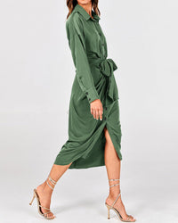 BTFBM Summer Dresses for Women 2025 Long Sleeve Lapel V Neck Button Down Elegant Belted Ruched Satin Shirt Fall Dress