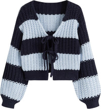 CIDER Striped Sweater Women V Neck Tie Front Knit Cardigan Oversized Trendy Sweaters for Women Fall