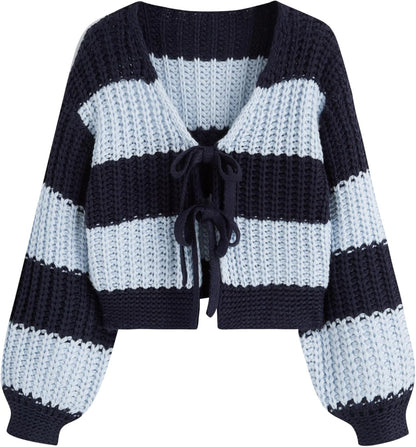 CIDER Striped Sweater Women V Neck Tie Front Knit Cardigan Oversized Trendy Sweaters for Women Fall