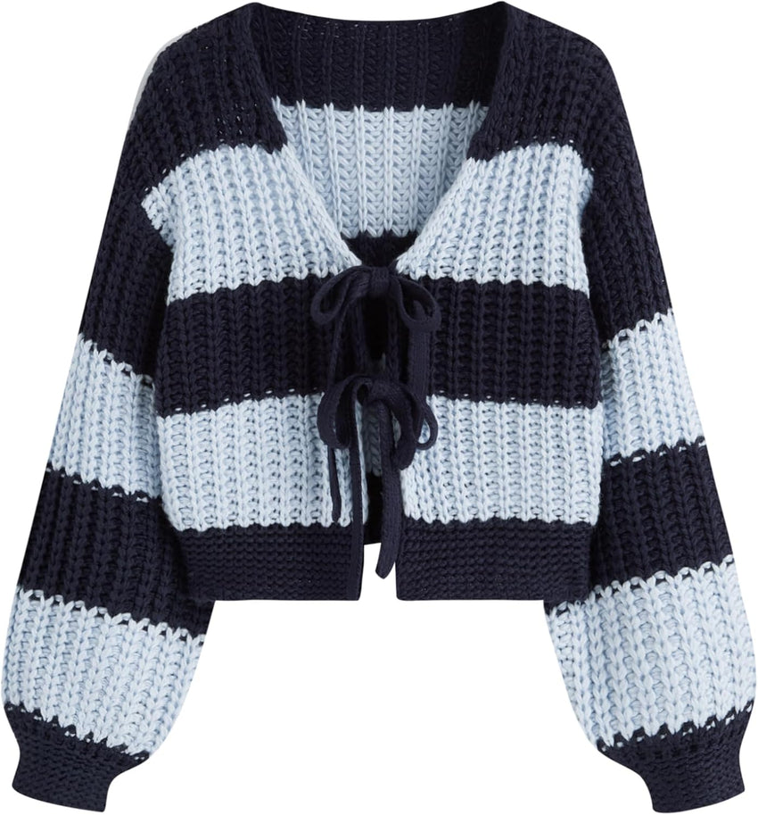 CIDER Striped Sweater Women V Neck Tie Front Knit Cardigan Oversized Trendy Sweaters for Women Fall