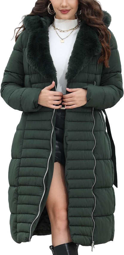 Bellivera Women's Puffer Jacket Lightweight Quilted Hooded Long Down Alternative Coat with Belt