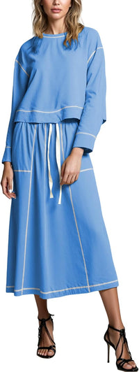 Women’s 2 Piece Skirt Sets Long Sleeve Crewneck Pullover Tops Drawstring Midi Skirt Lounge Set Fall Outfits