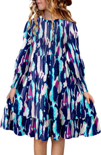 Yoklass Girls Smocked Dress Casual Puff Long Sleeve Ruffle Neck Dresses 4-13 Years