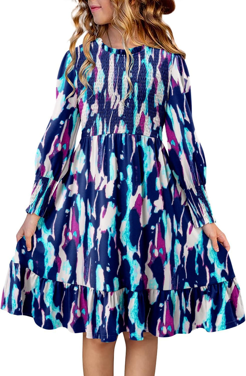 Yoklass Girls Smocked Dress Casual Puff Long Sleeve Ruffle Neck Dresses 4-13 Years