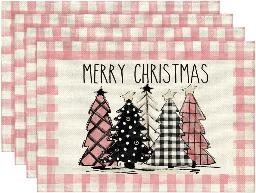 Artoid Mode Waterclor Buffalo Plaid Christmas Trees Placemats Set of 4, 12x18 Inch Winter Table Mats for Outdoor Home Party Kitchen Dining Decor