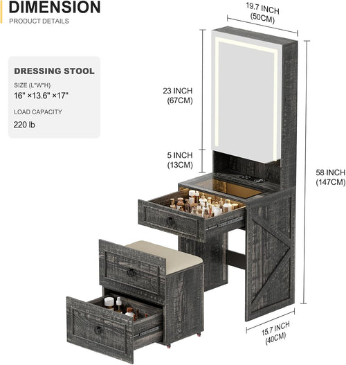 Makeup Vanity Desk with Mirror and Lights,Small Vanity Desk Set with Charging Station & Glass Top,Compact Dressing Table with Jewelry Cabinet & Storage Wheel Stool for Bedroom, Rustic Brown