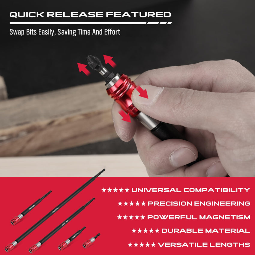 5-Piece 2", 4", 6", 12", 17" Extra Long Magnetic Screwdriver Bit Holders, 1/4 Inch Hex Shank Quick Release Extension Adapter, Durable CR-V Steel, Universal Fit for Impact Driver Bits