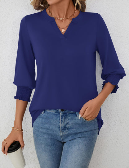 LOMON Blouses for Women Dressy Casual 3/4 Sleeve Tops for Women V Neck T Shirt Ladies Tops and Blouses Orange Blue Print L