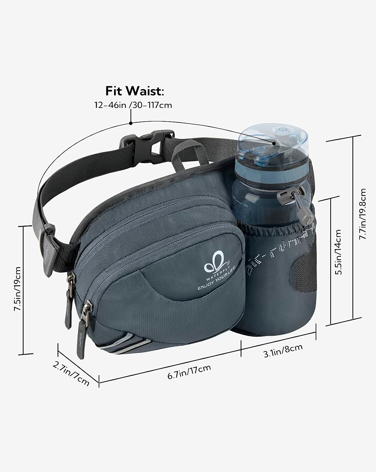 WATERFLY Fanny Pack Waist Bag: Waist Pack for Women Men with Water Bottle Holder Hiking Fanny Pack for Running Walking DogWalking Travel Cycling