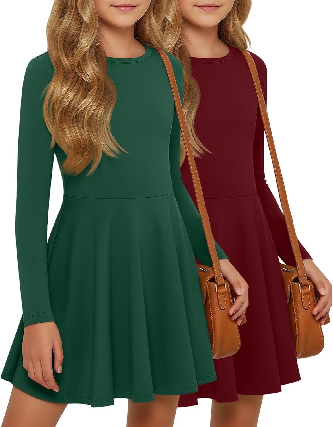 2 Pack Girls Long Sleeve Dress Skater Twirl a Line Crewneck Casual Fall Dresses for Kids 5-14 Years