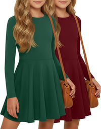 2 Pack Girls Long Sleeve Dress Skater Twirl a Line Crewneck Casual Fall Dresses for Kids 5-14 Years