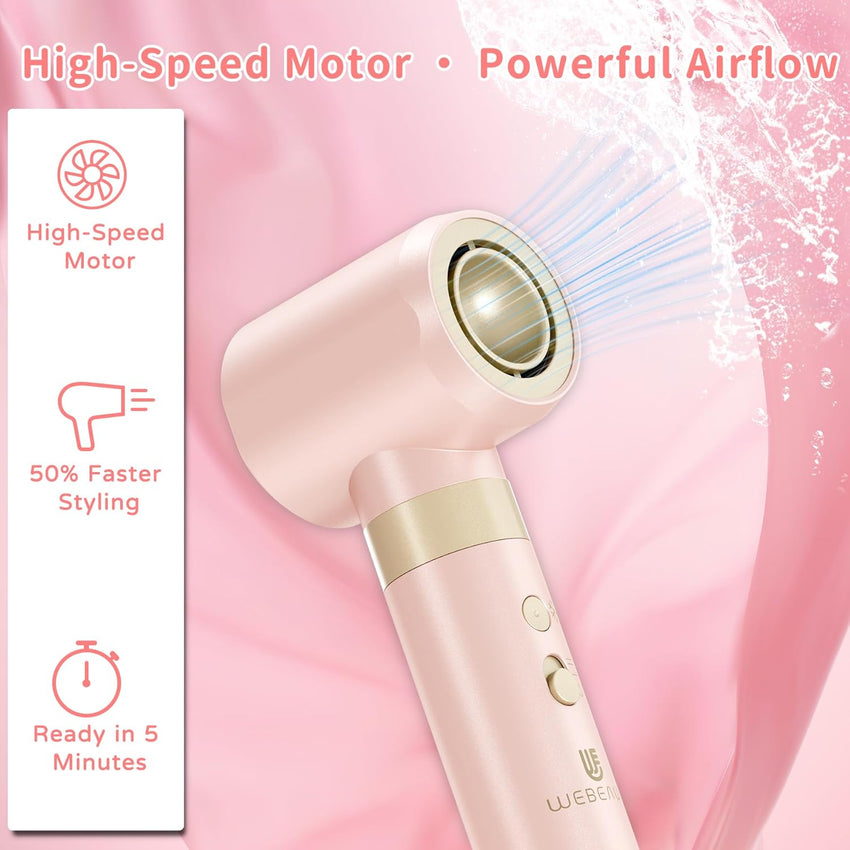 Hair Dryer Brush 8-in-1 Dual Voltage Hot Air Styler – Fast-Drying 110,000 RPM Ionic Blow Dryer with Straightener & Curler Attachments, Frizz-Free Volumizing Styler with Protective Hard Case-Pink