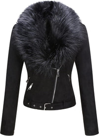 Bellivera Women Faux Leather Suede Jacket Moto Biker Coat Sherpa-Lined Overcoat with Removable Belt