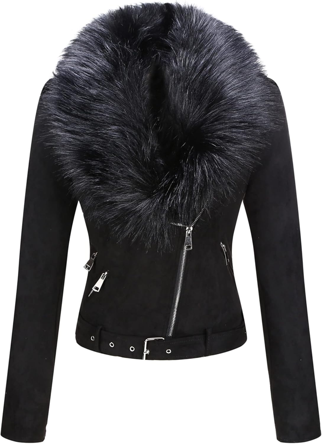 Bellivera Women Faux Leather Suede Jacket Moto Biker Coat Sherpa-Lined Overcoat with Removable Belt