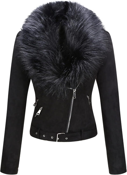 Bellivera Women Faux Leather Suede Jacket Moto Biker Coat Sherpa-Lined Overcoat with Removable Belt
