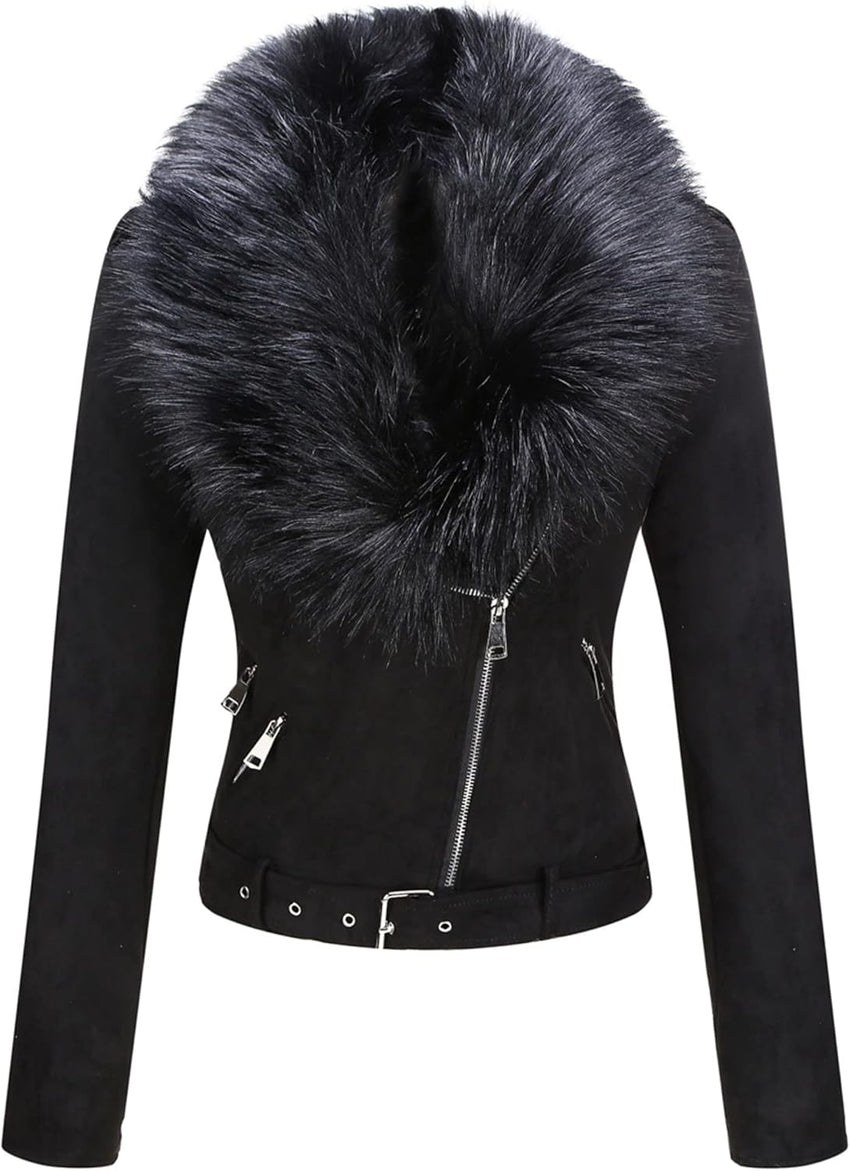 Bellivera Women Faux Leather Suede Jacket Moto Biker Coat Sherpa-Lined Overcoat with Removable Belt