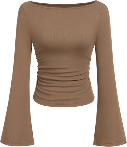 7DAY'S Women's Long Sleeve Shirts 2025 Fall Crop Going Out Tops Casual Boat Neck Bell Sleeve Ribbed Ruched Y2K Clothes