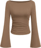 7DAY'S Women's Long Sleeve Shirts 2025 Fall Crop Going Out Tops Casual Boat Neck Bell Sleeve Ribbed Ruched Y2K Clothes