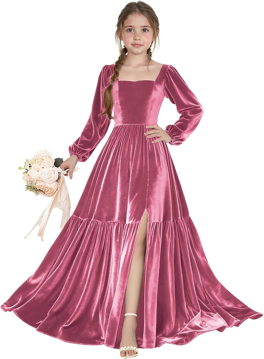 Long Sleeve Velvet Junior Bridesmaid Dresses Girls Holiday Dresses with Slit Christmas Maxi Dress Formal Party Gown