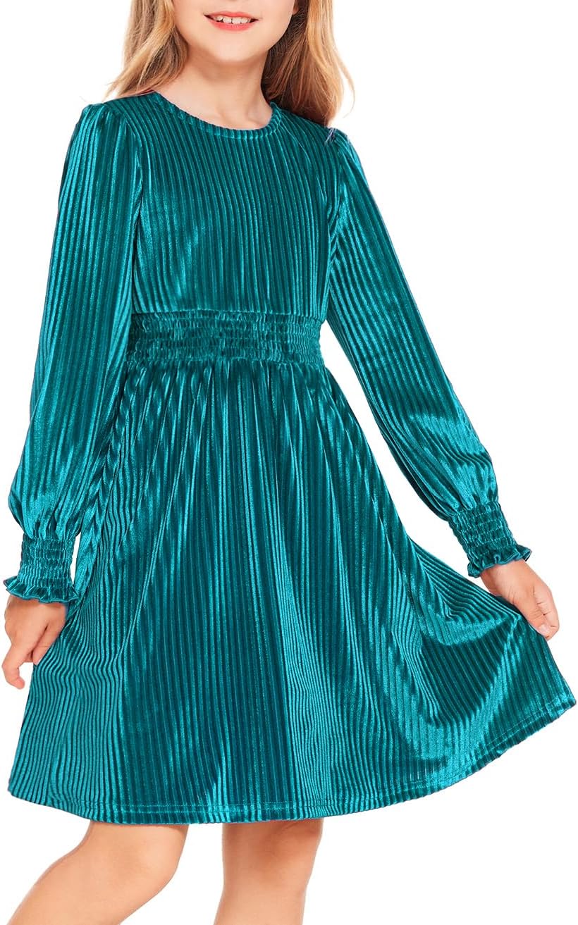 Arshiner Girls Long Sleeve Dress Velvet Crew Neck Midi Fall Vintage Plain Dress for Kids 4-13Y