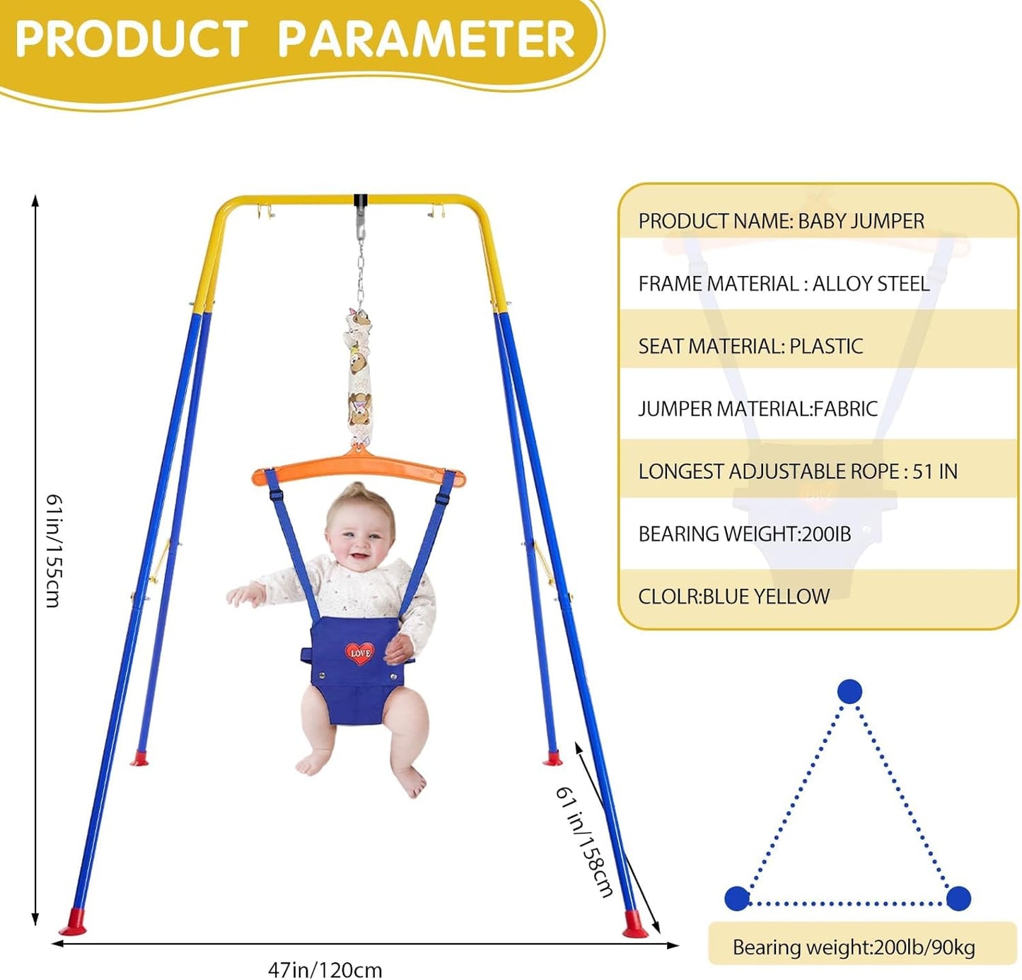 Baby Jumper with Stand, Toddler Swing Set forIndoor/Outdoor Play, Jumper for Baby 6-24 Months,Baby Jumpers and Bouncers with Adjustable Chain,Easy to Assemble & Store