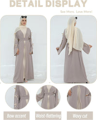 Elegant Flowy Muslim Cardigan Robe with Bow Accents Front Wave Design Abaya for Women Open Front Abaya with Belt