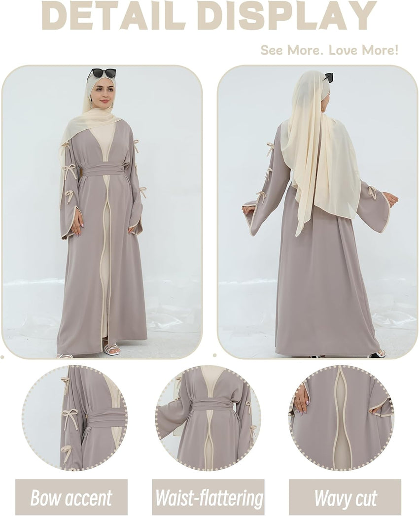 Elegant Flowy Muslim Cardigan Robe with Bow Accents Front Wave Design Abaya for Women Open Front Abaya with Belt