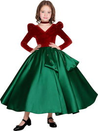 Long Sleeve Velvet Flower Girl Dresses A Line Crystal Satin Formal Dresses for Christmas