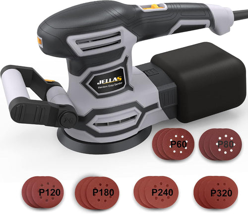 3.8A(450W) Orbital Sander, Jellas 6 Variable Speeds Double Handle Random Orbit Sander, 5-Inch Electric Sander with 18pcs Sandpapers, Dust Collector, Ideal Power Sander for Woodworking(OS450)