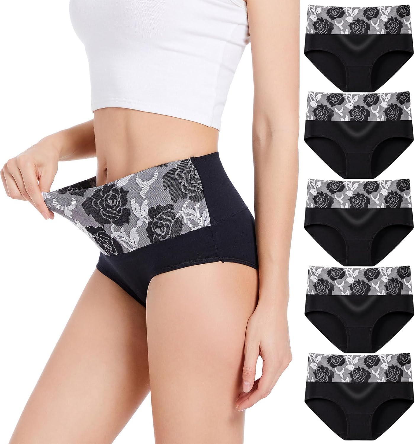 HAVVIS Women's Briefs Underwear Cotton High Waist Tummy Control Panties Rose Jacquard Ladies Panty Multipack