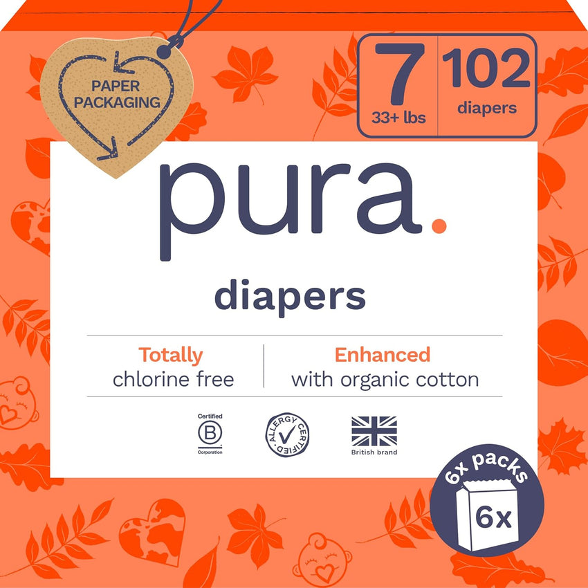 Pura Size 6 Eco-Friendly Diapers (29+ lbs) Hypoallergenic, Soft Organic Cotton, Sustainable, up to 12 Hours Leak Protection, Allergy UK, Recyclable Paper Packaging, 18 Count (Pack of 3) (54 Diapers)