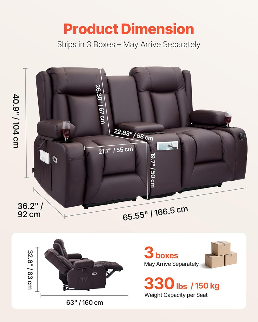 VEVOR Loveseat Recliner Sofa with Massage & Heat, Power Reclining Couch with Console, PU Leather Electric RV Sofa with USB & Outlet/Storage/Cup Holders/Pockets, Home Theater Seating for Living Room