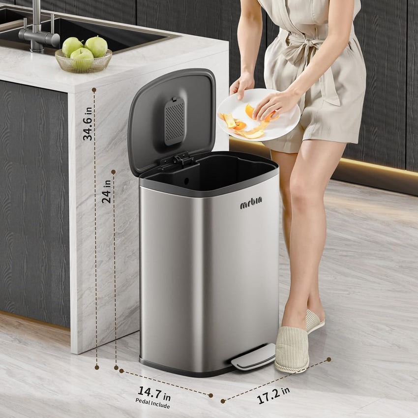 MRBIN Stainless Steel Kitchen Trash Can with Lid and Odor Filter, 13gal / 50L Step Tall Kitchen Pedal Garbage Pail, Commercial Large Rectangle Office Waste Basket for Bathroom, Garage, Eclipse Grey