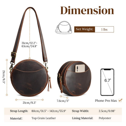 S-ZONE Leather Crossbody Bags for Women Circle Shoulder Round Purse Travel | Top Grain Leather, Keychain, Designer Handbag, Vintage, Multi Pockets, Detachable Strap, Eveyday Outing
