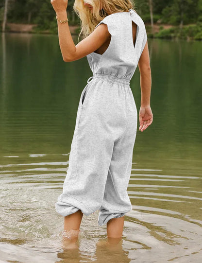 Flygo Womens Casual Jumpsuit Crewneck Cap Sleeve Long Wide Leg Pants One Piece Outfits Drawstring Romper with Pockets(LightGrey-M)
